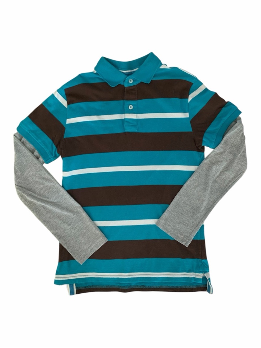 J. Khaki Polo Shirt Boys Size M Striped Blue Brown White Gray Long Sleeve